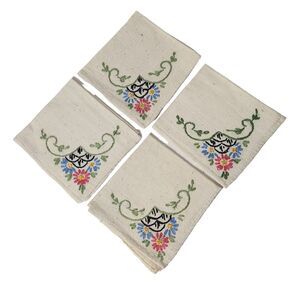 VTG 1970 EMBROIDERED NAPKIN SET 4 HANKIE BRIDAL LINEN COLORFUL EUC PINK BLUE